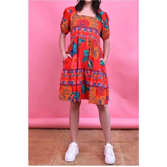 Maude Vivante Aria Dress Medium Red Floral Puff Sleeves Colorful Vacation Resort - Picture 1 of 13